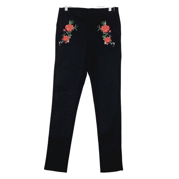 Divided by H&M Pants Womens 8 Black Embroidered Red Rose - Picture 1 of 6